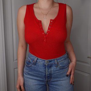 Red Sleeveless Rib-Knit Bodysuit